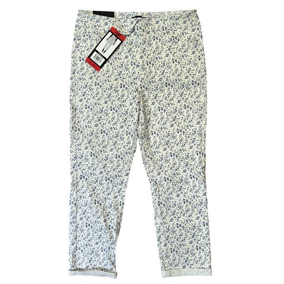 NWT Mario Serrani Cuff Capri Stretch White & Blue Floral Pants Medium - Picture 2 of 9